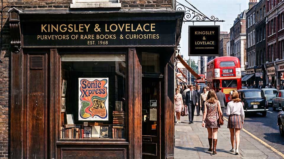 Kingsley and Lovelace bookstore in 1960s London.