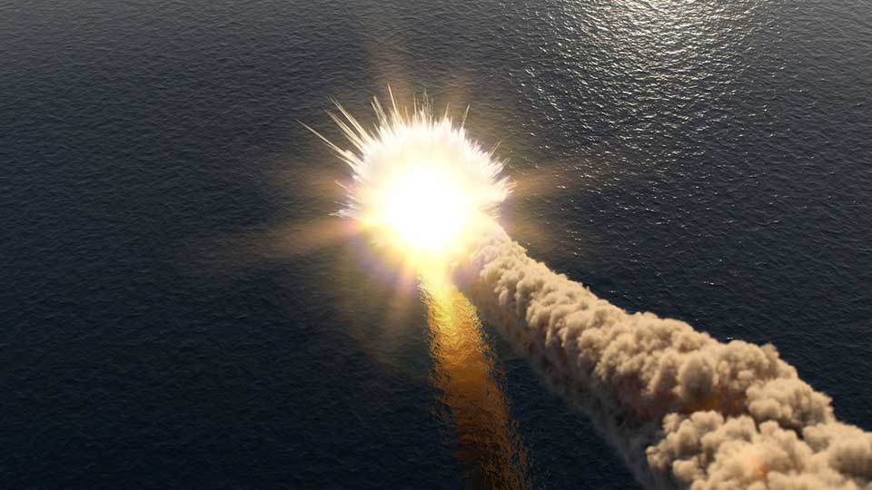 A burning meteor splashing down into the sea off Binley Bay. Play the Houdini Window opening sequence